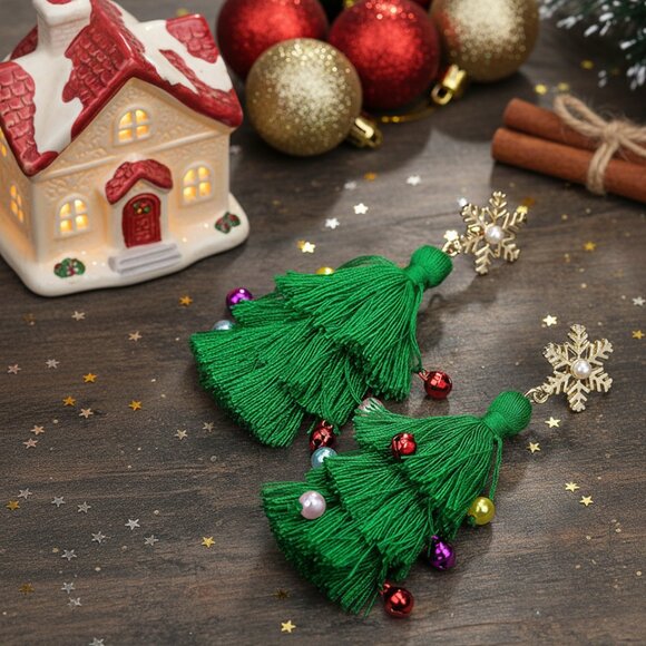 Christmas Tree Earrings Dangle Drop Dangling Tassel Holiday Ladies Boho Jewelry - Picture 4 of 6